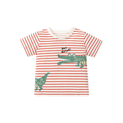 Girls' Cotton Cartoon Crocodile Striped Short Sleeve T-shirt, Crew Neck