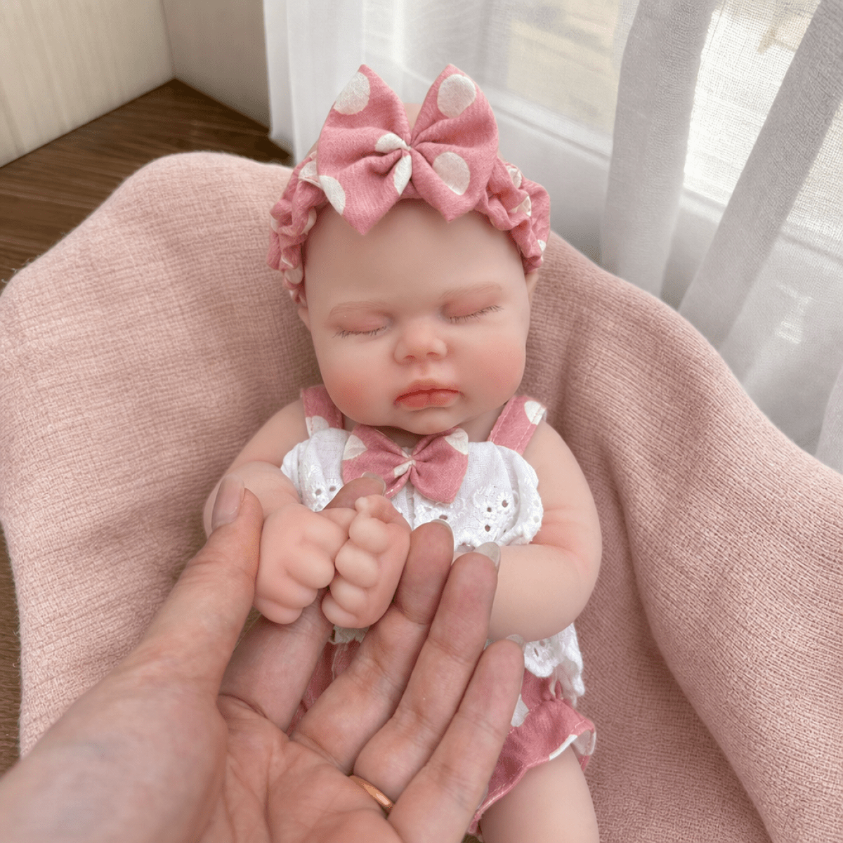 30cm Lifelike Soft Silicone Asleep Pickle Reborn Doll Girl In Pink Polk Dot Clothes
