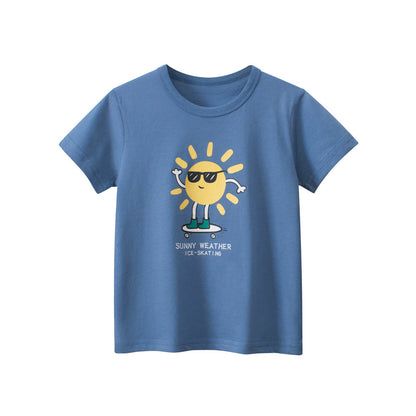 Blue short-sleeved T-shirt for kids with sun print
