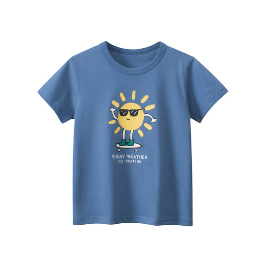 Blue short-sleeved T-shirt for kids with sun print