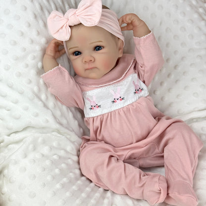 48cm Lifelike Blue Eyes Vinyl Body Bettie Reborn Baby Girl In Pink bodysuit