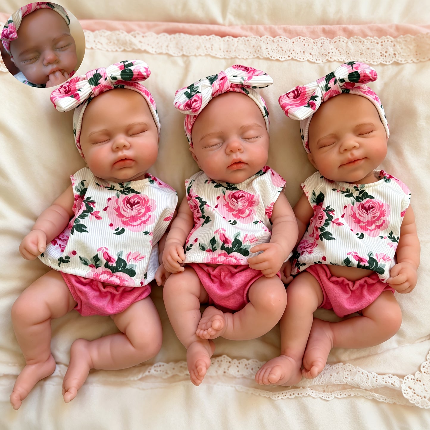 30cm Full Silicone Closed Eyes Triplets Reborn Doll Girls In Floral Outfits