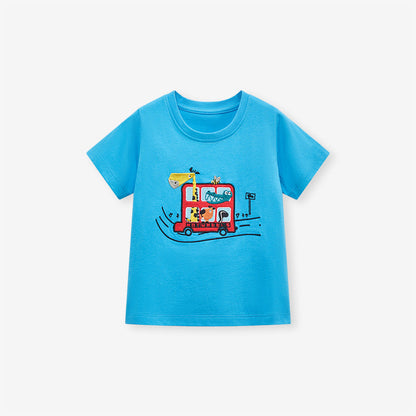 Blue Cartoon Crew Neck Short Sleeve T-Shirt for Boys
