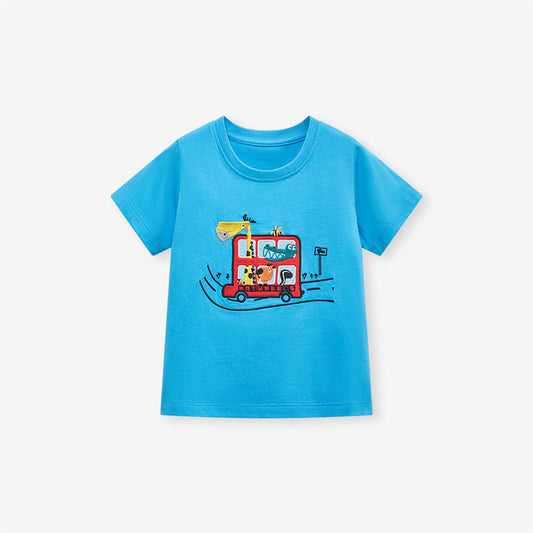 Blue Cartoon Crew Neck Short Sleeve T-Shirt for Boys