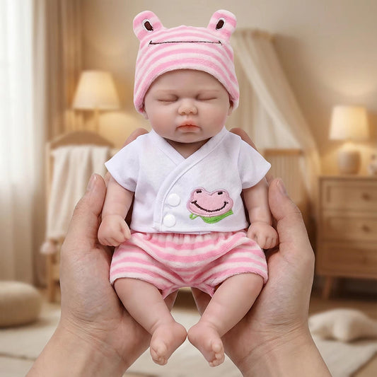 30cm Full Silicone Closed Eyes Reborn Doll Girl Pickle in Pink Frog Outfits