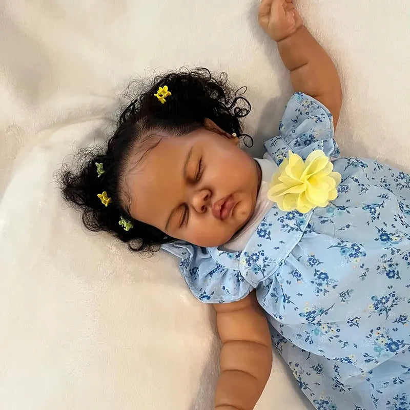 60cm Closed Eyes Dark Skin Cuddly Reborn Baby Girl In Floral Dress-Pickle