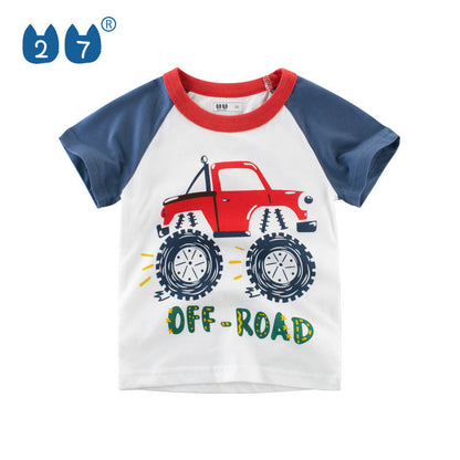 Cartoon Car Color Block Short Sleeve T-Shirt