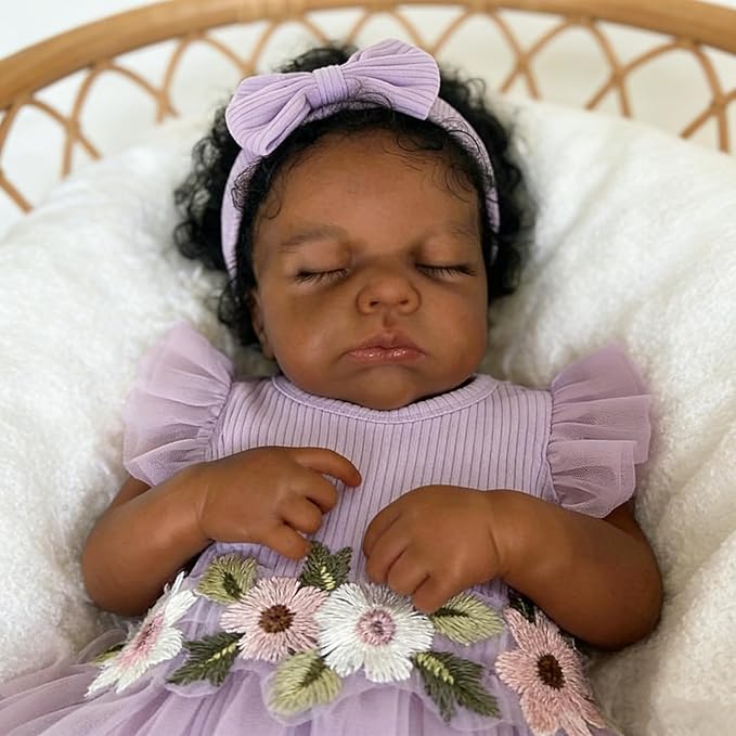 20 Inch Realistic Closed Eyes African American Loulou Reborn Dolls In Purple Dress