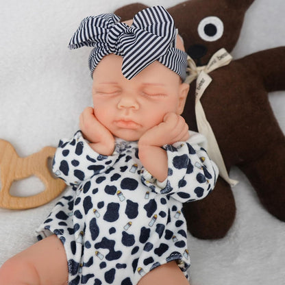 30cm Lifelike Closed Eyes Silicone Loulou Reborn Doll Girl in Black and white clothes