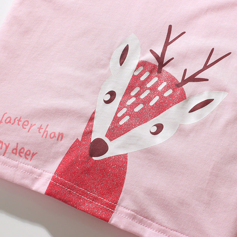 Girls' T-shirt Cotton Short Sleeve Crew Neck Cartoon Deer