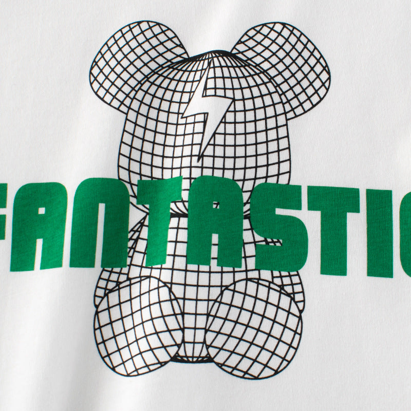 Solid color bear letter print round neck short sleeve T-shirt