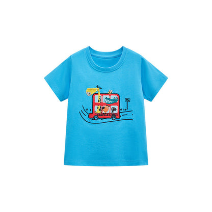 Blue Cartoon Crew Neck Short Sleeve T-Shirt for Boys