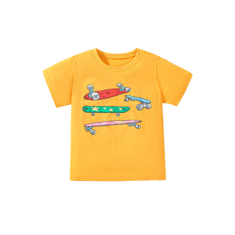Boys' Short Sleeve T-Shirt with Skateboard Print in Cotton