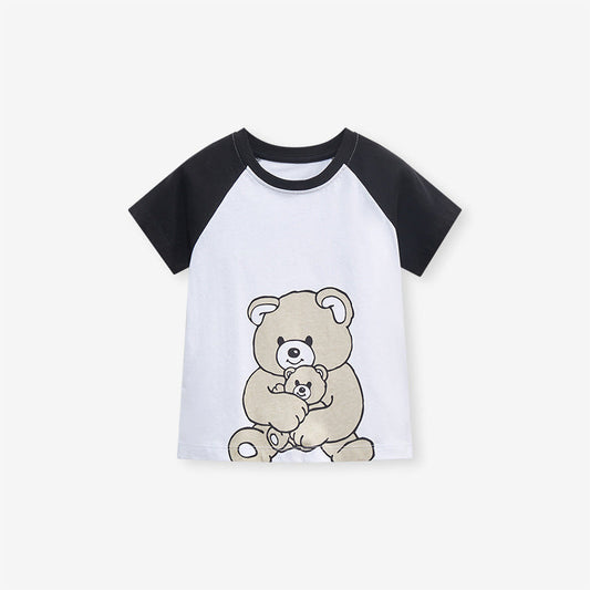 Girls' Cotton Round Neck Short Sleeve T-shirt with Cartoon Bear