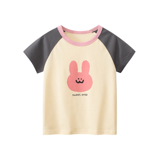 Cartoon rabbit round neck color matching short sleeve T-shirt