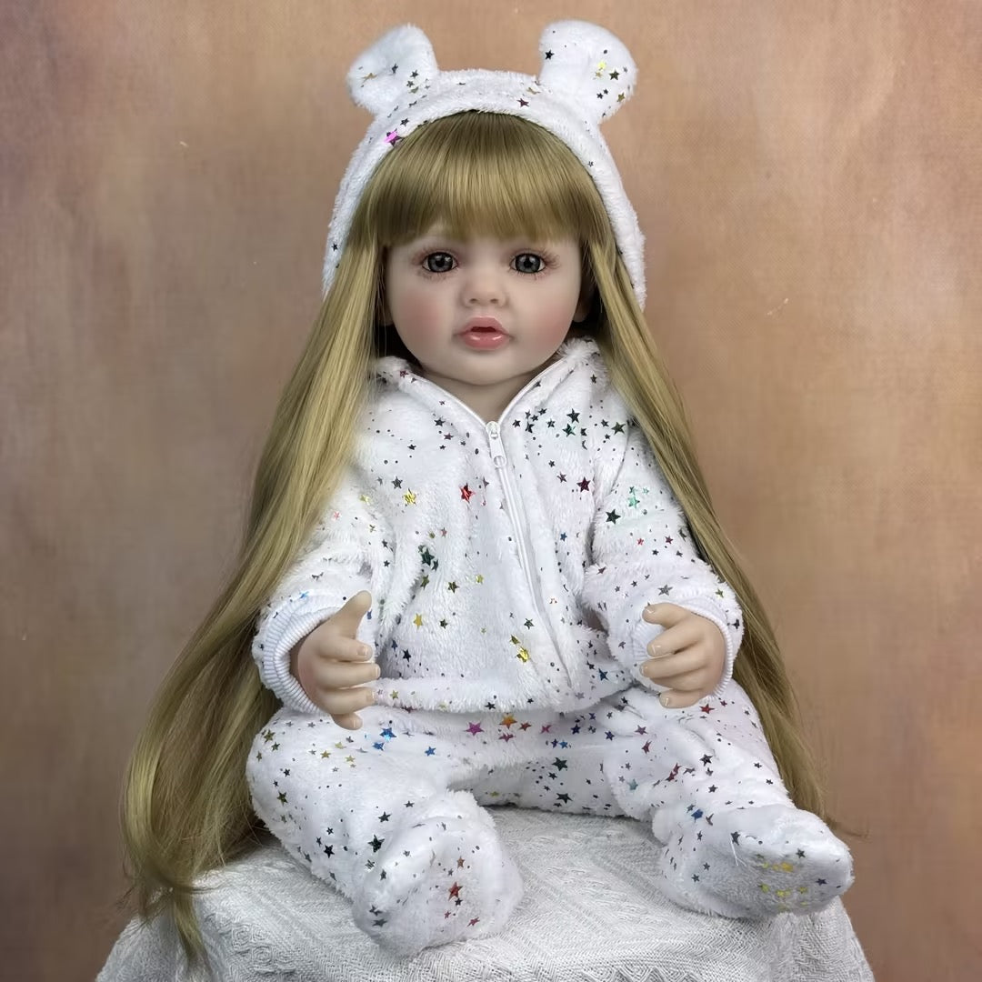 55cm Open Eyes Long Blonde Hair Betty Reborn Baby Girl In Star Jumpsuit