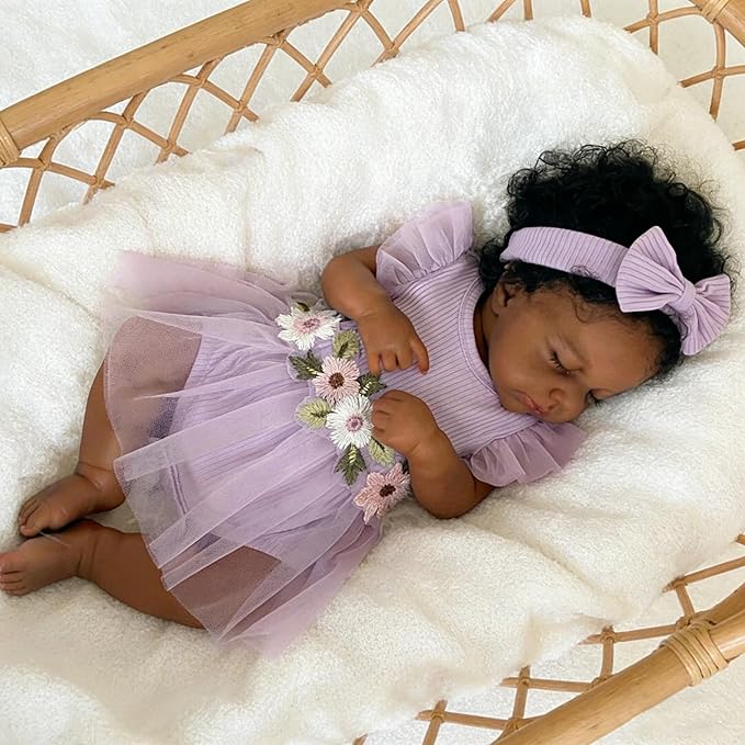 20 Inch Realistic Closed Eyes African American Loulou Reborn Dolls In Purple Dress
