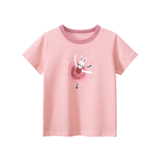 Cartoon Rabbit Pink Round Collar Short Sleeve T-Shirt
