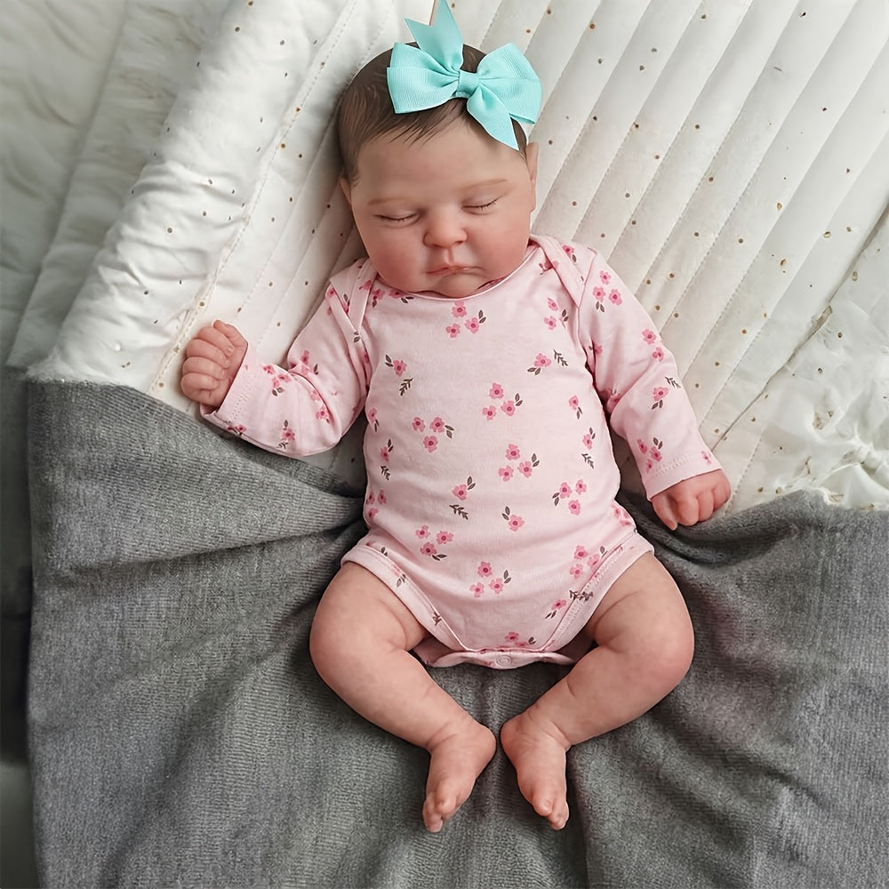 20 Inches 3D Skin Closed Eyes Reborn Baby Girl In Pink Floral Clothes- Peaches