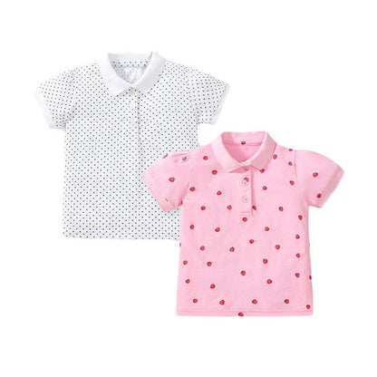 Girls' short-sleeved cotton polo with strawberry polka dots