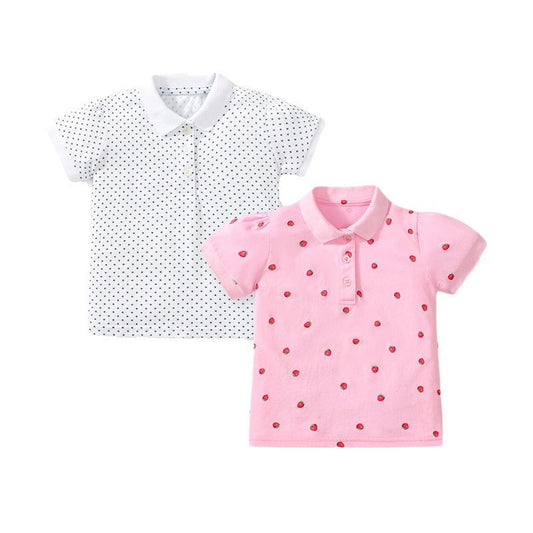Girls' short-sleeved cotton polo with strawberry polka dots