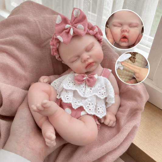30cm Lifelike Soft Silicone Asleep Pickle Reborn Doll Girl In Pink Polk Dot Clothes