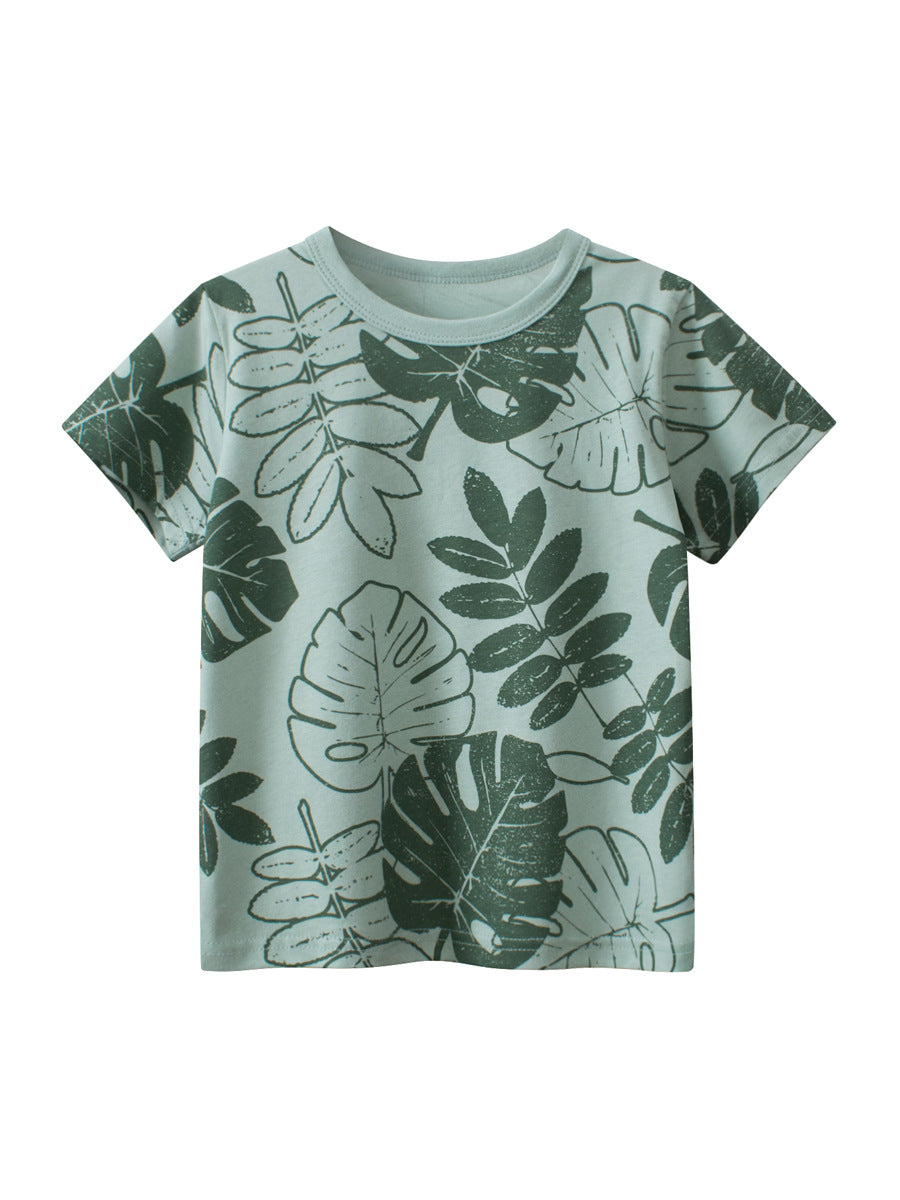 Short-sleeved crew neck T-shirt with leaf motif
