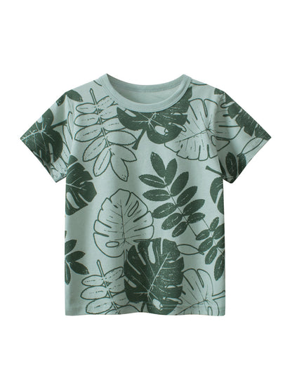 Short-sleeved crew neck T-shirt with leaf motif