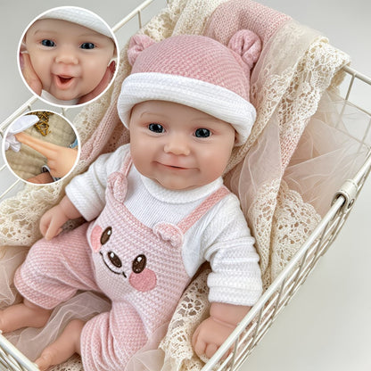 30cm Full Silicone Maddie Smile Reborn Baby Girl in Pink Bear Outfits