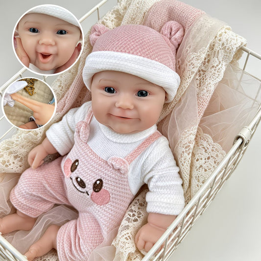 30cm Full Silicone Maddie Smile Reborn Baby Girl in Pink Bear Outfits