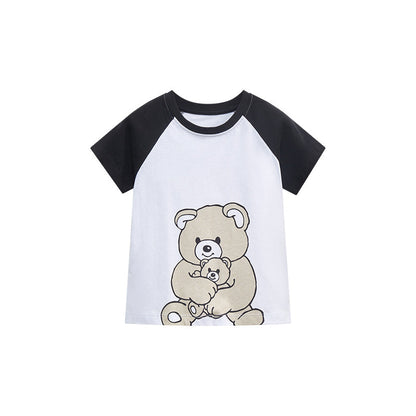 Girls' Cotton Round Neck Short Sleeve T-shirt with Cartoon Bear