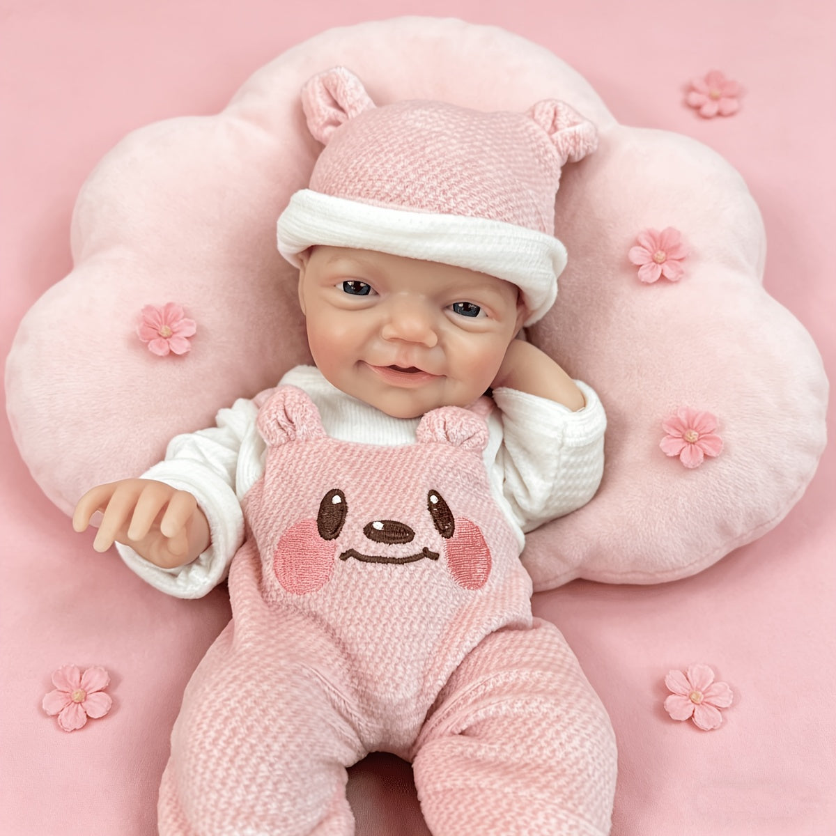 30cm Lifelike Smile Full Silicone Blue Eyes  Charlie Reborn Girl in Pink Bear Clothes
