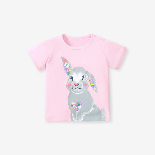 Kids Cotton Round Neck T-Shirt with Cotton Bunny Print