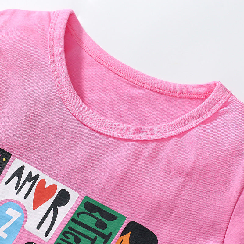 Girls' Short Sleeve Cotton Cartoon Printed T-Shirt