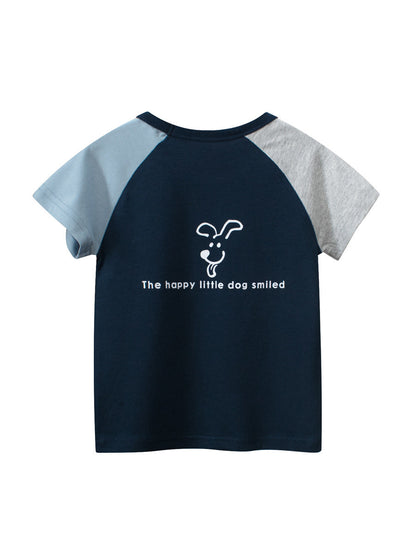 Color Block Crew Neck T-Shirt With Puppy Letter Print