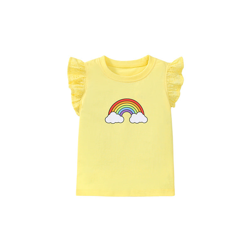 Girls' Rainbow Short Sleeve T-Shirt with Flying Sleeves
