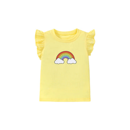 Girls' Rainbow Short Sleeve T-Shirt with Flying Sleeves