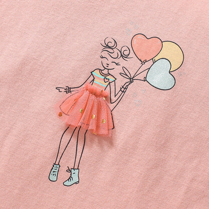 Girls' Cotton Mesh Floral Print Round Neck Short Sleeve T-Shirt