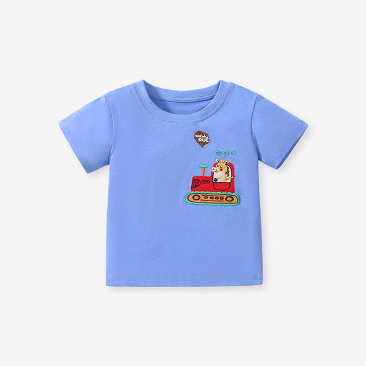 Boys' Solid Color Crew Neck Short Sleeve Cartoon T-Shirt