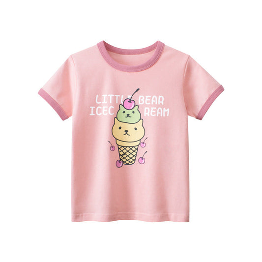 Pink Ice Cream Print Crew Neck Short Sleeve T-Shirt