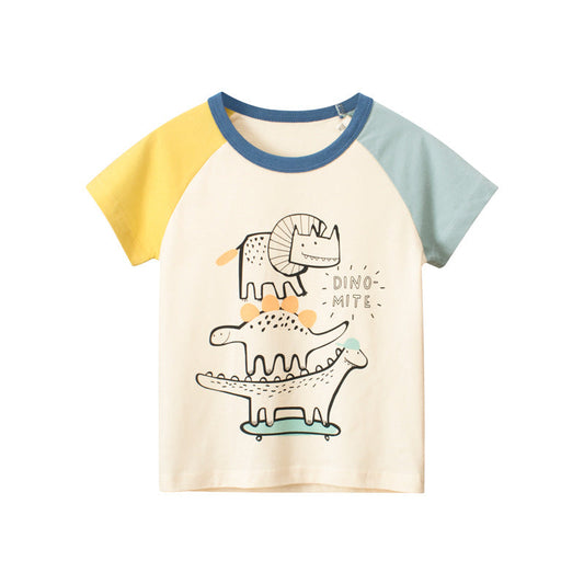 Cartoon Dinosaur Color Block Short Sleeve T-Shirt