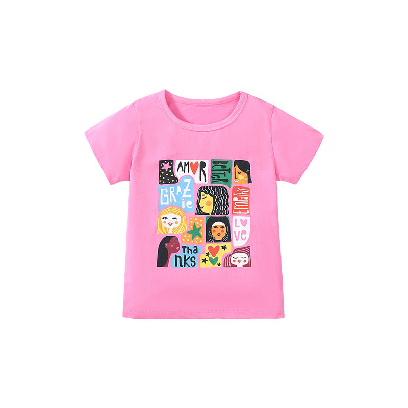 Girls' Short Sleeve Cotton Cartoon Printed T-Shirt