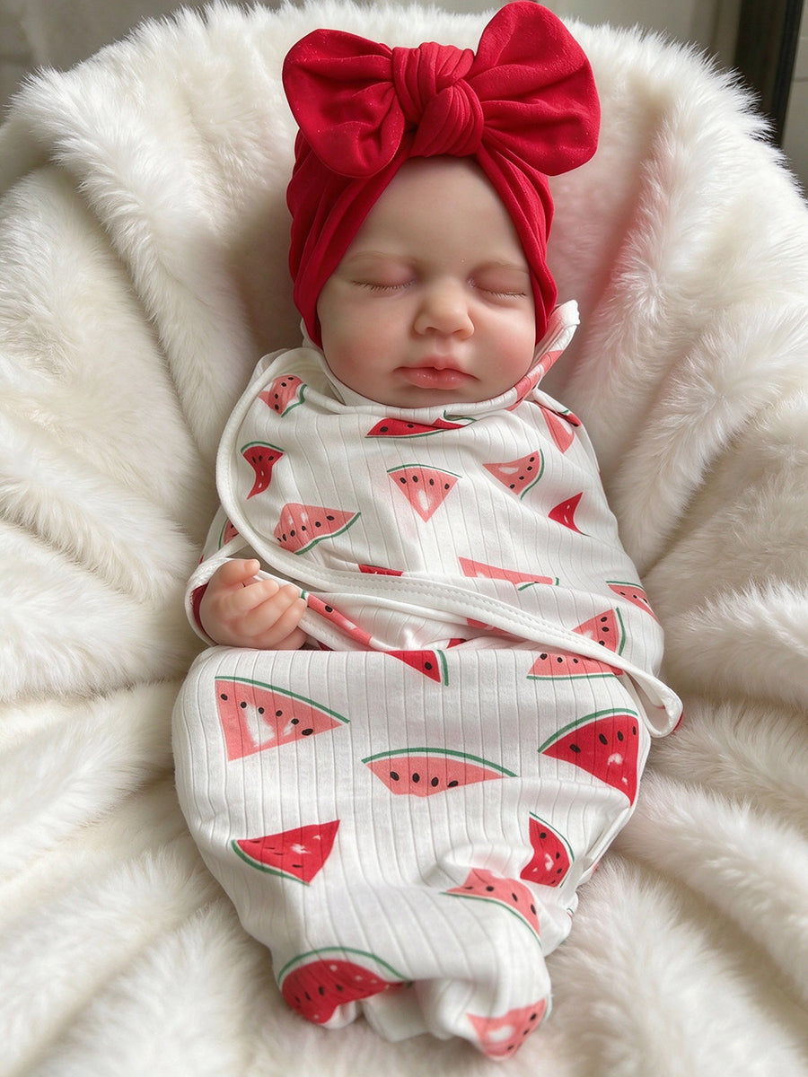 45cm Silicone Stretchable Loulou Reborn Baby Girl in Watermelon-print swaddle