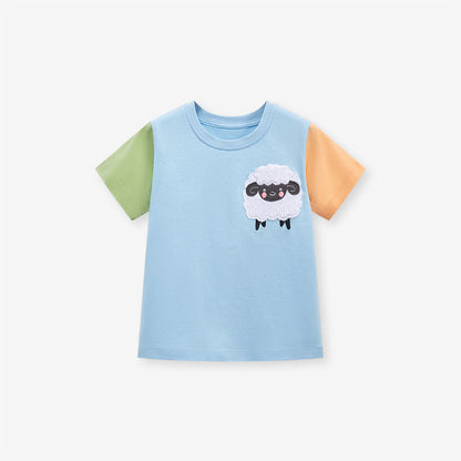 Color block round neck short sleeve T-shirt with cartoon sheep