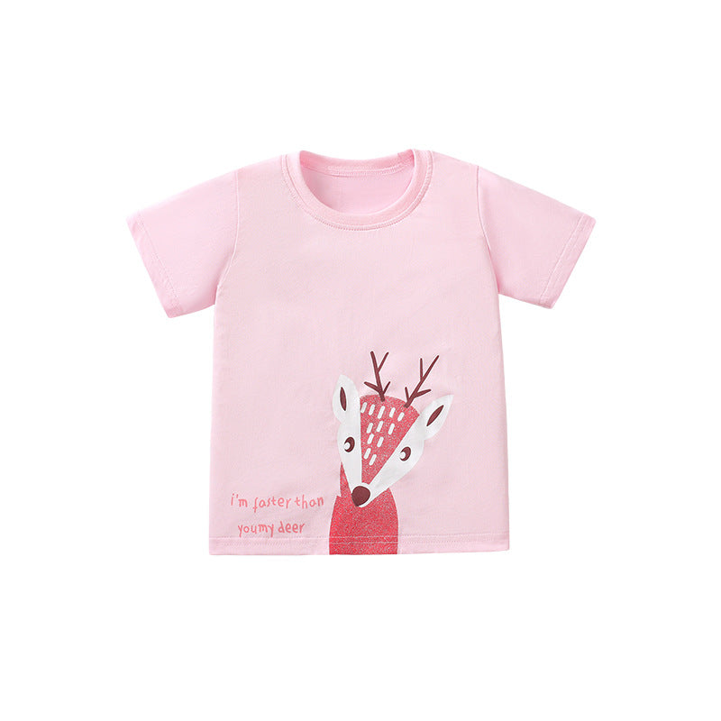 Girls' T-shirt Cotton Short Sleeve Crew Neck Cartoon Deer