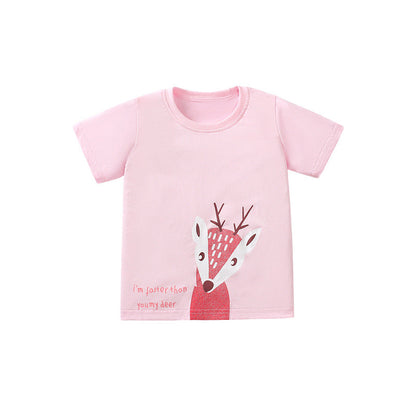 Girls' T-shirt Cotton Short Sleeve Crew Neck Cartoon Deer