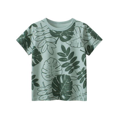 Short-sleeved crew neck T-shirt with leaf motif