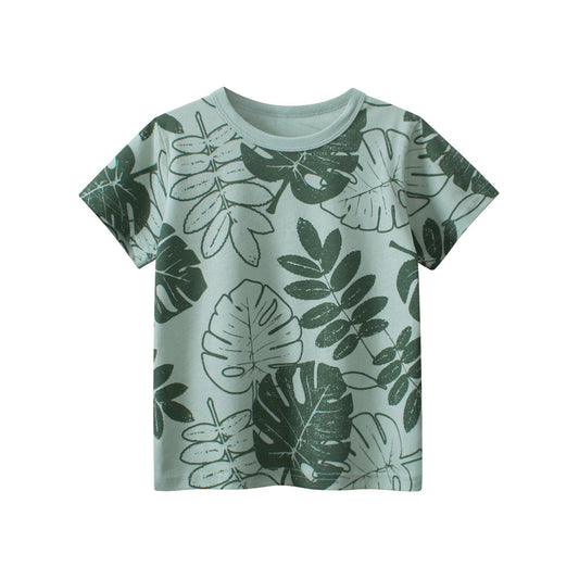 Short-sleeved crew neck T-shirt with leaf motif