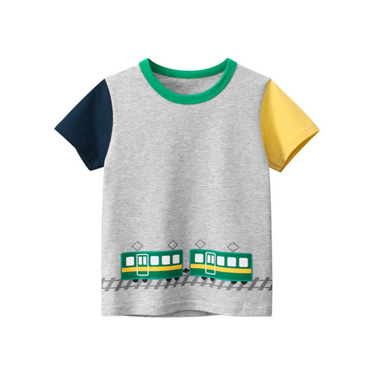 Color Block Crew Neck Short Sleeve T-Shirt with Train Pattern