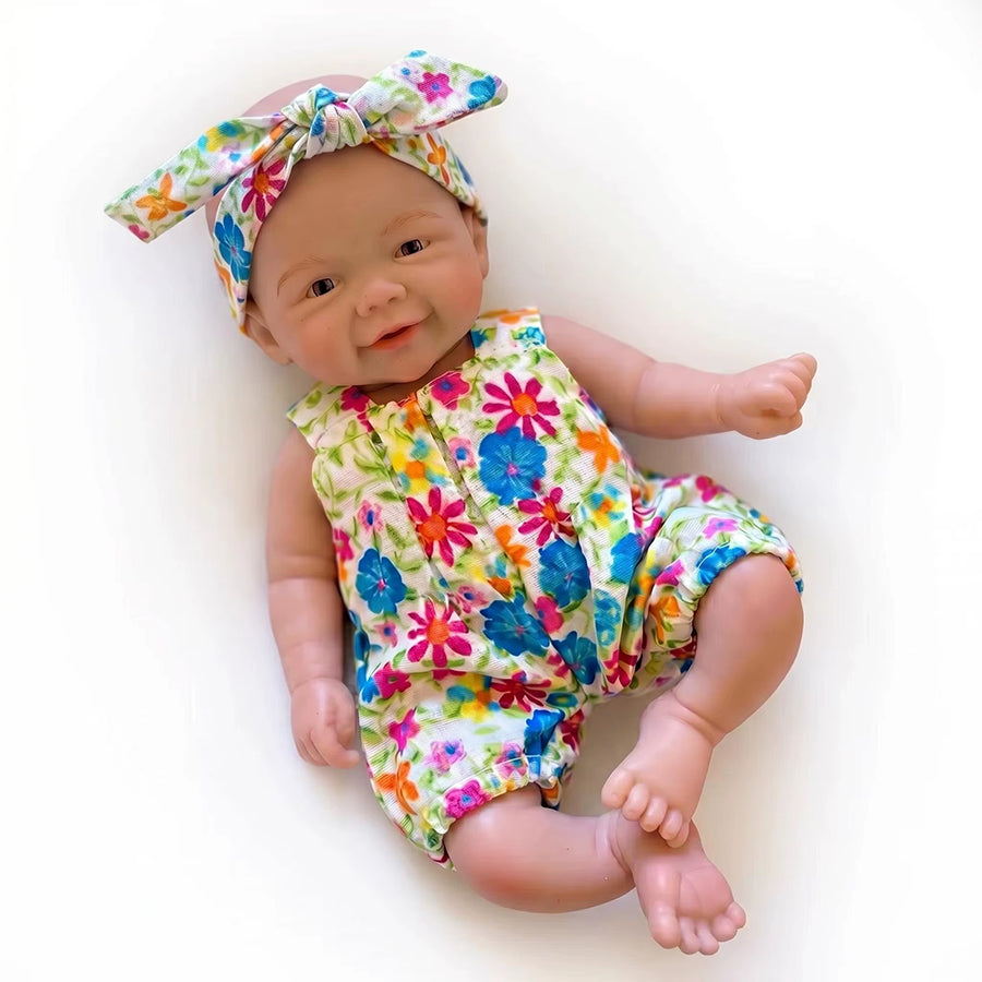 20cm Full Silicone Vivienne Mini Reborn Baby Girl in Floral Jumpsuit
